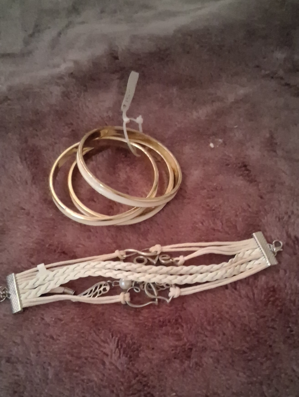Gold and Ivory Bracelet Set - Layered Bangles & Braided Charm Bracelet